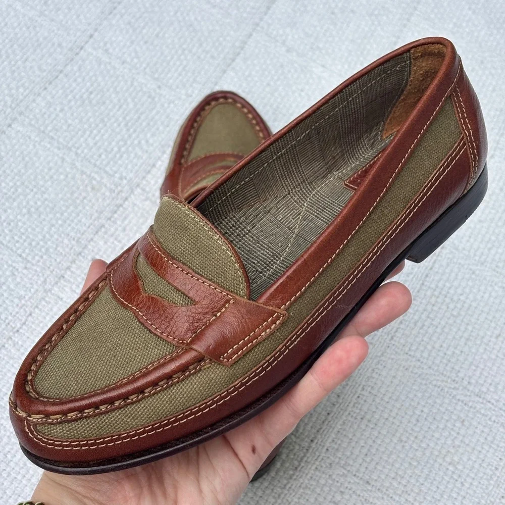 Women's 5.5 BASS Weejuns Vintage 1991 Olive Cognac Canvas Leather Penny Loafers